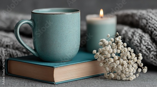 Mug on book with candle and flowers against a gray knitted background.