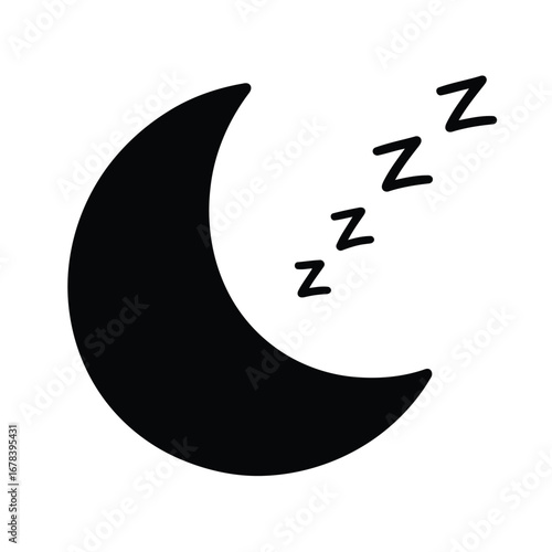 Black and white crescent moon with sleeping zzz's graphic.