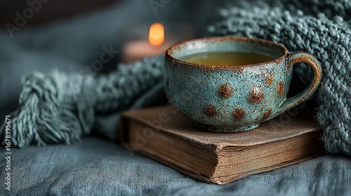 Tea cup on a book with a blanket and candle in soft light.