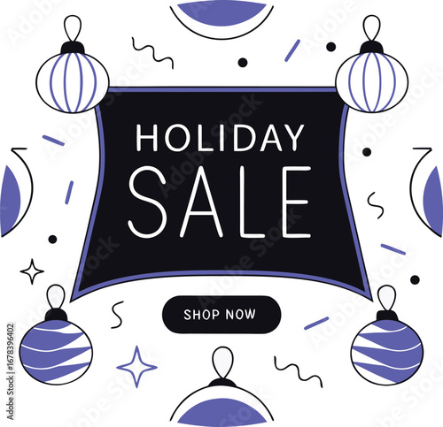 Holiday sale banner with ornaments for promotion and discount advertising campaign