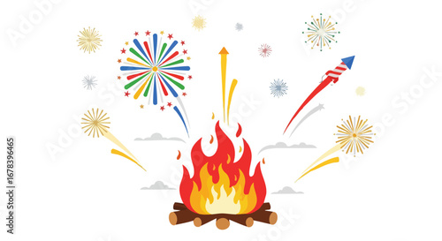 Festive Celebration Graphic: Bonfire Under Fireworks Display, Bright and Colorful vector illustration capturing the joy and excitement of a holiday