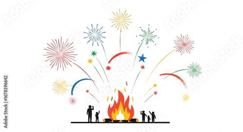 Festive bonfire night celebration with colorful fireworks and silhouettes of families enjoying the spectacle together