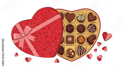 Heart-shaped chocolate assortment in a delightful box designed with a captivating festive theme perfect for gifting occasions