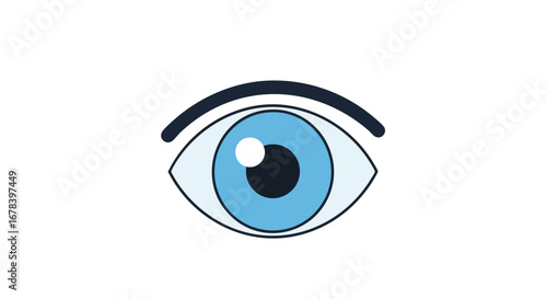 Stylized azure eye with black outline and eyebrow over a white background watching attentively