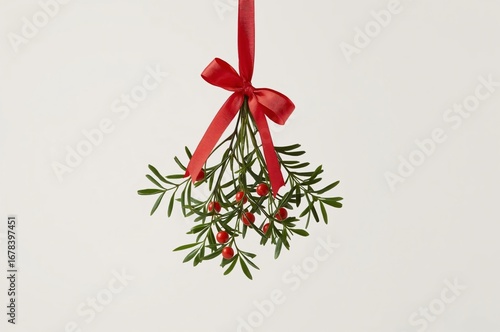 Red ribboned mistletoe hangs, white background, Christmas