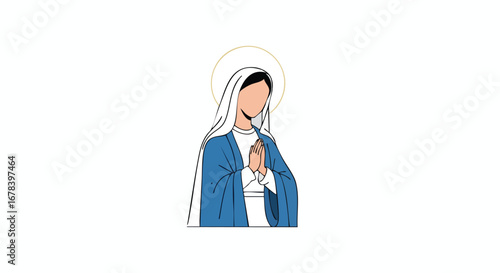Serene Vector Illustration of Praying Woman with Halo, Representing Faith, Spirituality, and Traditional Religious Iconography Depiction