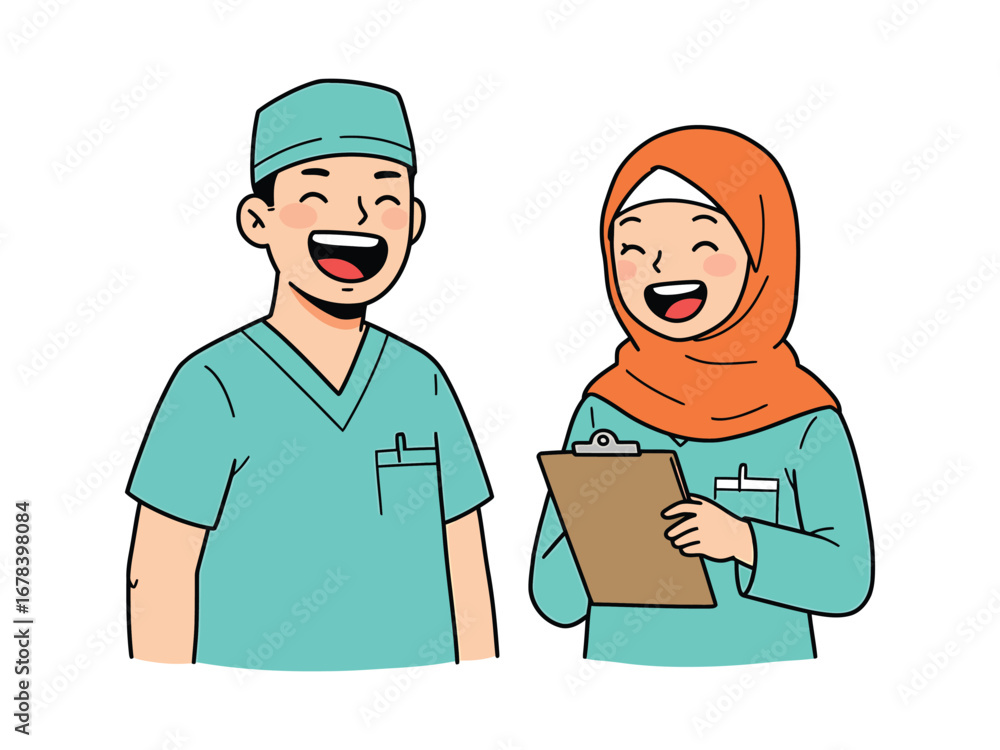 Obraz premium Smiling Medical Professionals Nurse and Doctor Illustration