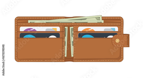 A fashionable brown leather wallet bursting with cash and various cards symbolising finances and everyday spending power represented with artistic