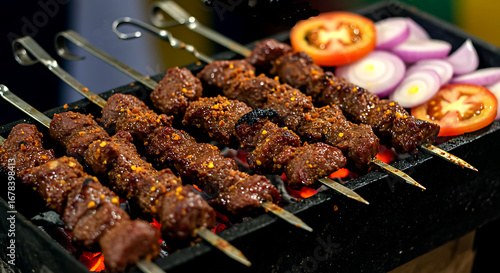 Ghana – Chichinga (Spicy Beef Kebabs). thin strips of beef marinated in suya spice (peanuts, ginger, chili) on short metal skewers, grilled over a charcoal brazier 