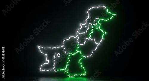 Neon illuminated map of Pakistan with provinces highlighted in green.