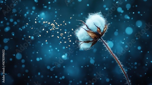 Cotton seed dispersal in a dark, dreamy environment