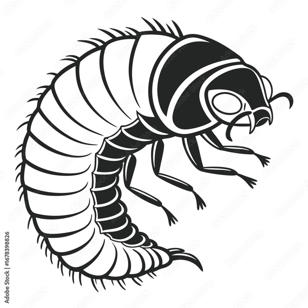 Fototapeta premium Monochrome Illustration of a Curled Grub with Visible Legs and Antennae in a Striking Graphic Style
