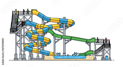 Stylized water park illustration showcasing vibrant slides and playful splash zones in a fun environment