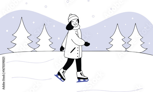A girl is skating on the ice in winter, she is wearing a warm jacket, scarf and hat