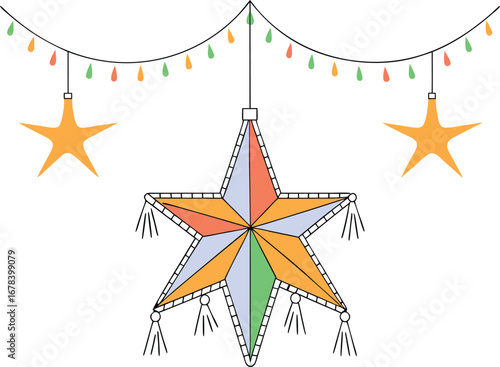 Colorful star pinata hanging with festive string lights, perfect for a fun and vibrant celebration