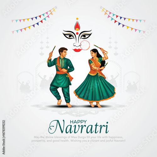 Navratri or Garba Night poster for Dussehra festival of India. Creative vector illustration design of couple playing Dandiya dance.
