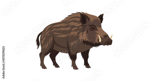 Detailed vector image showcasing a wild boar with prominent tusks and a bristly coat highlighting its robust physique and untamed nature isolated on
