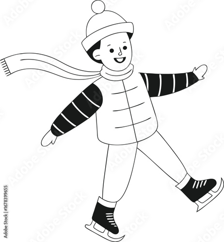 A cheerful boy is ice skating on a, enjoying winter sport and outdoor activity