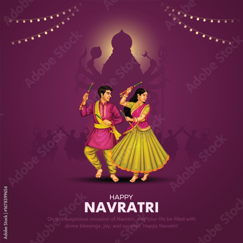 Navratri or Garba Night poster for Dussehra festival of India. Creative vector illustration design of couple playing Dandiya dance.