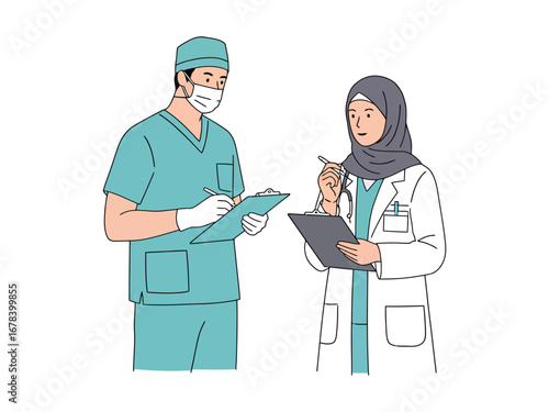 Male surgeon and female Muslim doctor with hijab discussing patient notes
