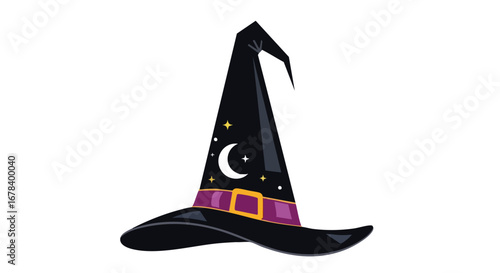 Mystical witch hat illustration adorned with celestial motifs for halloween fantasy charm with pointed peak and stylized buckle 152 characters