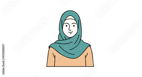 Elegant depiction of a serene muslim woman with a teal hijab, radiating minimalist charm and cultural grace using flat illustration