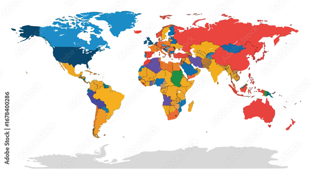 Naklejka premium Colorful world map illustration showcasing different continents and countries in vibrant hues and distinctive geographical shapes visualization