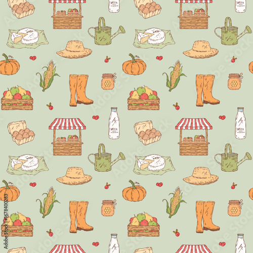 Colorful seamless vector pattern inspired by farmer market. Includes farmer boots, hat, tent, cheese, milk, eggs, pumpkin, corn, honey, and fresh vegetables in wooden boxes