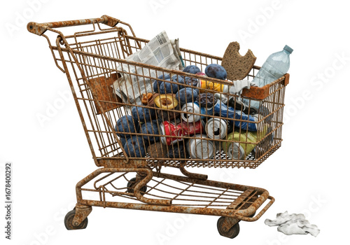Heavily rusted, dented shopping cart containing urban decay remnants, isolated on a transparent studio background, concept of urban decay and forgottenness