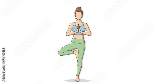 Stylized illustration of a woman practicing the tree pose, focusing on balance and inner peace, with a clean and minimalist artistic style that