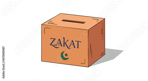 Charitable giving through Zakat box symbolizing Islamic almsgiving and community support, with concept of contributing to others