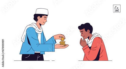 A flat vector illustration depicting a benevolent act of charity, portraying a man giving zakat to another, symbolizing generosity and compassion