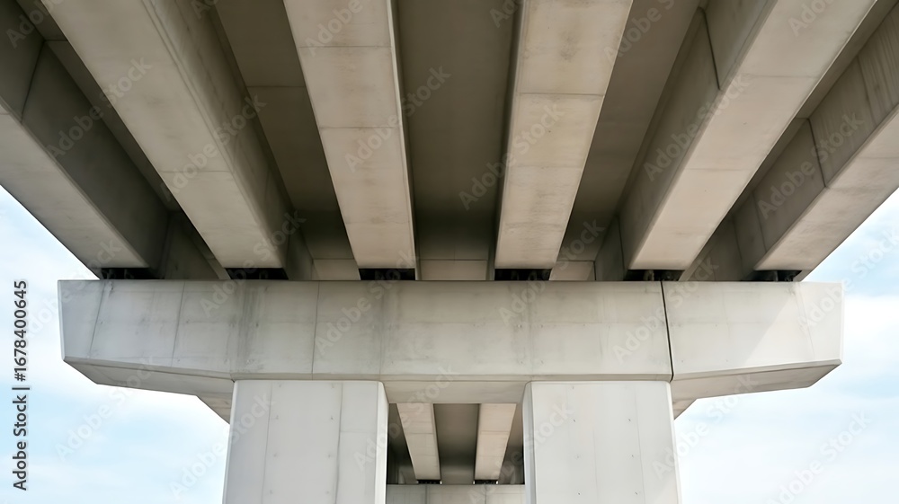 Obraz premium Bold concrete bridge structure with repeating geometric patterns against a soft sky