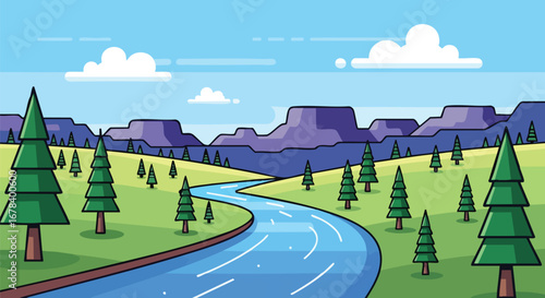 Idyllic Riverside Landscape Illustration with Evergreen Trees and Mountainous Backdrop Providing a Calming Nature Scene