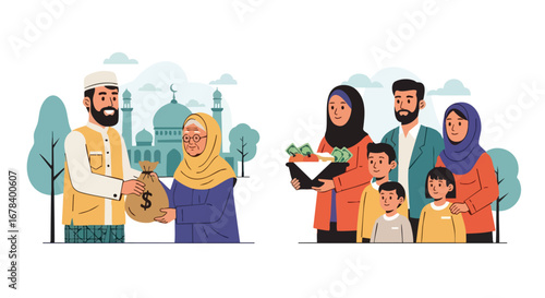 Illustrative depiction of Zakat distribution featuring a Muslim man donating to an elderly woman and a family receiving assistance symbolizing