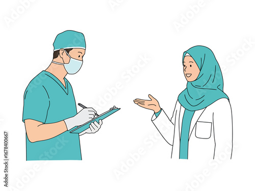 Male surgeon and female Muslim doctor with hijab discuss patient notes together