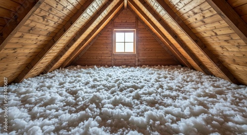 traditional russian wooden house, Home attic filled with fluffy cellulose insulation for energy efficiency. Insulation covers floor, rafters, blocking heat transfer. Eco-friendly material improves the