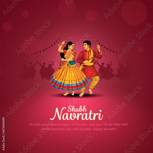 Navratri or Garba Night poster for Dussehra festival of India. Creative vector illustration design of couple playing Dandiya dance.