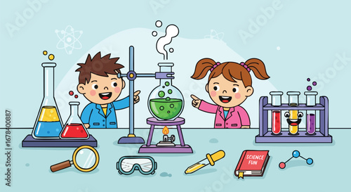 Enthusiastic young scientists conducting exciting experiments in a colorful laboratory setting full of vibrant equipment and promising discoveries