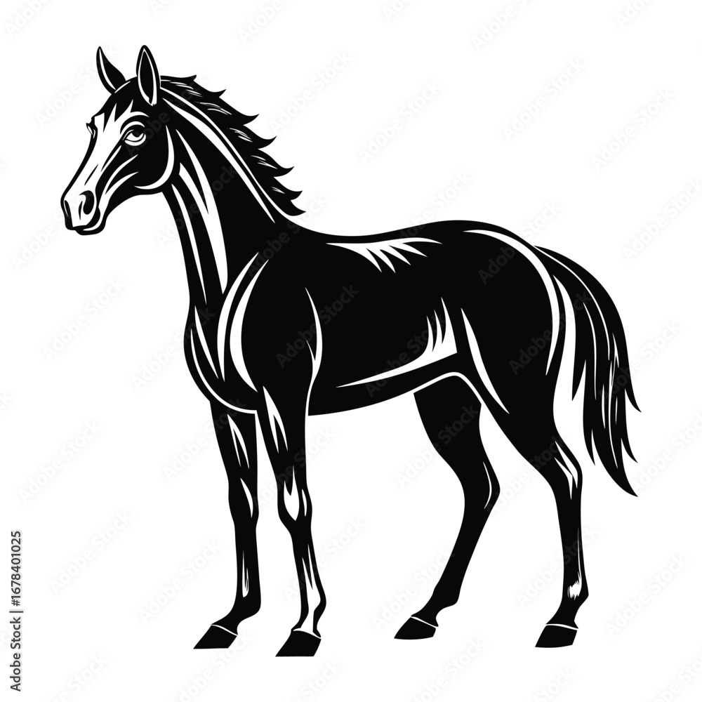 Obraz premium Majestic Black Stallion Illustration Detailed Silhouette of a Powerful Horse Standing Proudly Emblem of Strength and Beauty