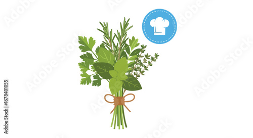 Culinary herbs bouquet illustration showing rosemary, basil, thyme and parsley with chef's hat symbol, highlighting freshness and gastronomy concept