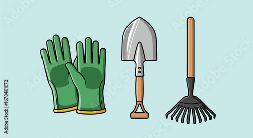 Illustrated gardening toolkit displaying gloves, a shovel, and a rake on a light blue background representing springtime preparation