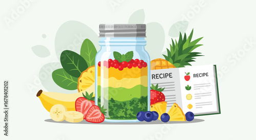 Colorful layered smoothie in a jar with fruits illustration, healthy eating concept, vector design, perfect for food blogs and recipe websites or