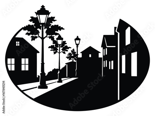Black and white cityscape vector silhouette with houses and streetlights graphic