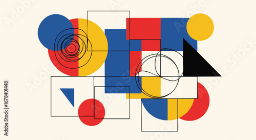 Geometric abstraction with bold colors creates a visually dynamic and intriguing composition that offers a harmonious visual experience