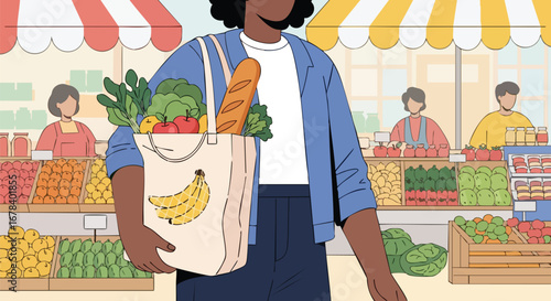 Fresh Produce Haul: Woman Supports Local Farmers at Bustling Market with Sustainable Choices