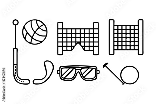 Vector art of sports equipment icons with ball, net, stick, and glasses
