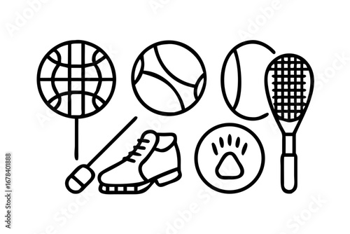 Vector art of sports equipment icons with ball, shoe, and racquet