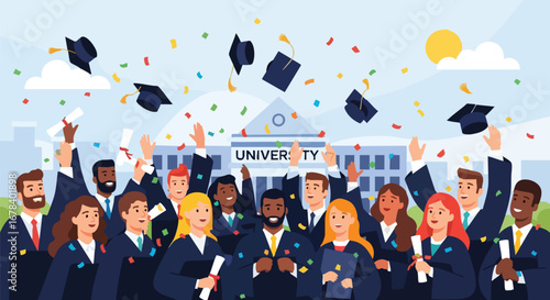 Excited graduates celebrating university graduation day with tossed caps and confetti in the air joyful achievement vector illustration