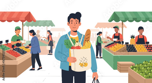 Vibrant farmers market scene with shoppers browsing fresh produce and supporting local vendors in an open air environment